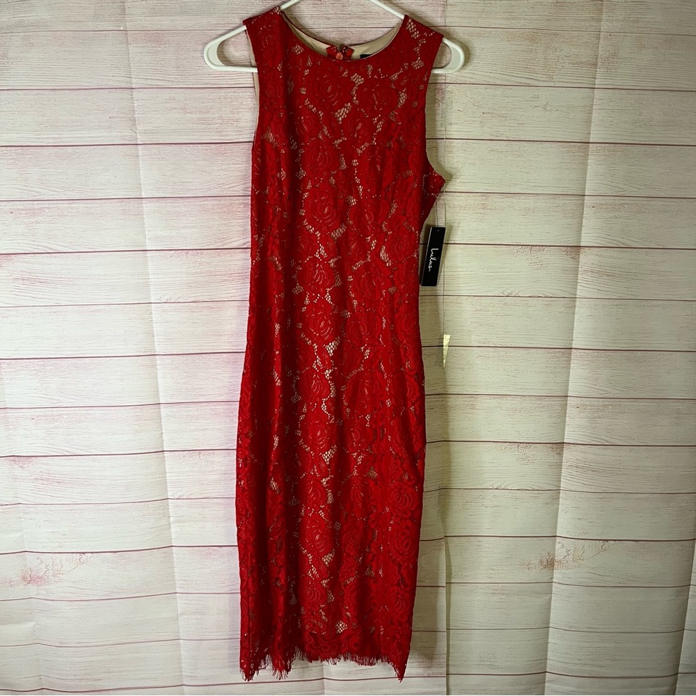 Lulus NEW Corita Red Lace Overlay Tan Underlining Sleeveless Dress Size Small